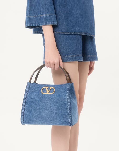 Valentino Garavani - Valentino Garavani Alltime Medium Handbag In Denim With Embroidered Strap - Denim - Woman - Top Handle Bags